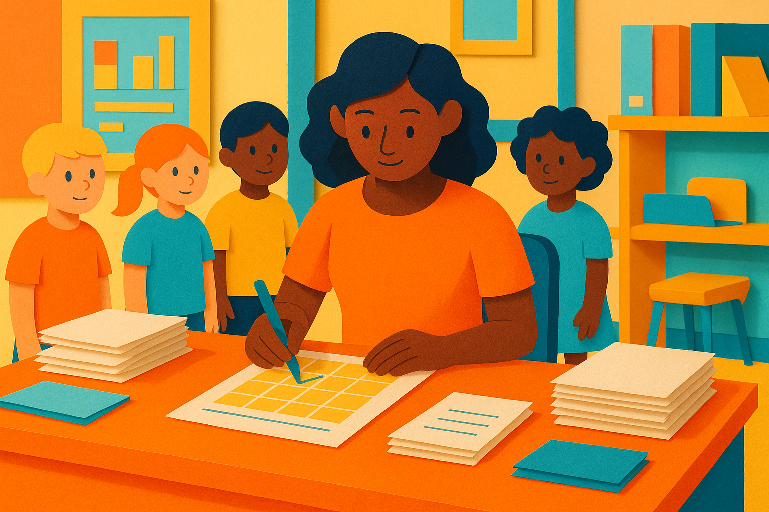 Teacher manually tracking attendance in an after-school classroom setting