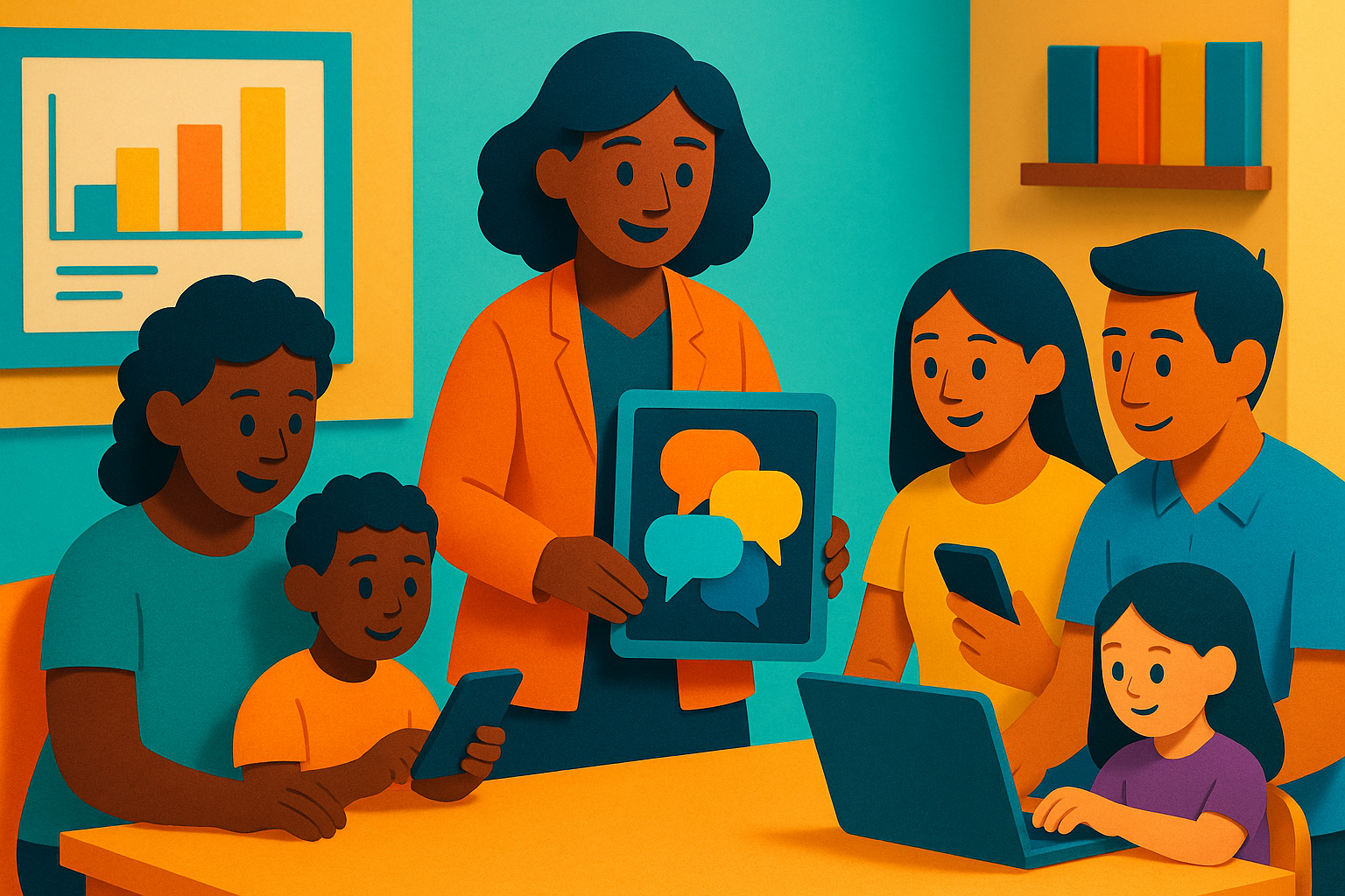 Diverse families engaging with after-school program staff using digital devices