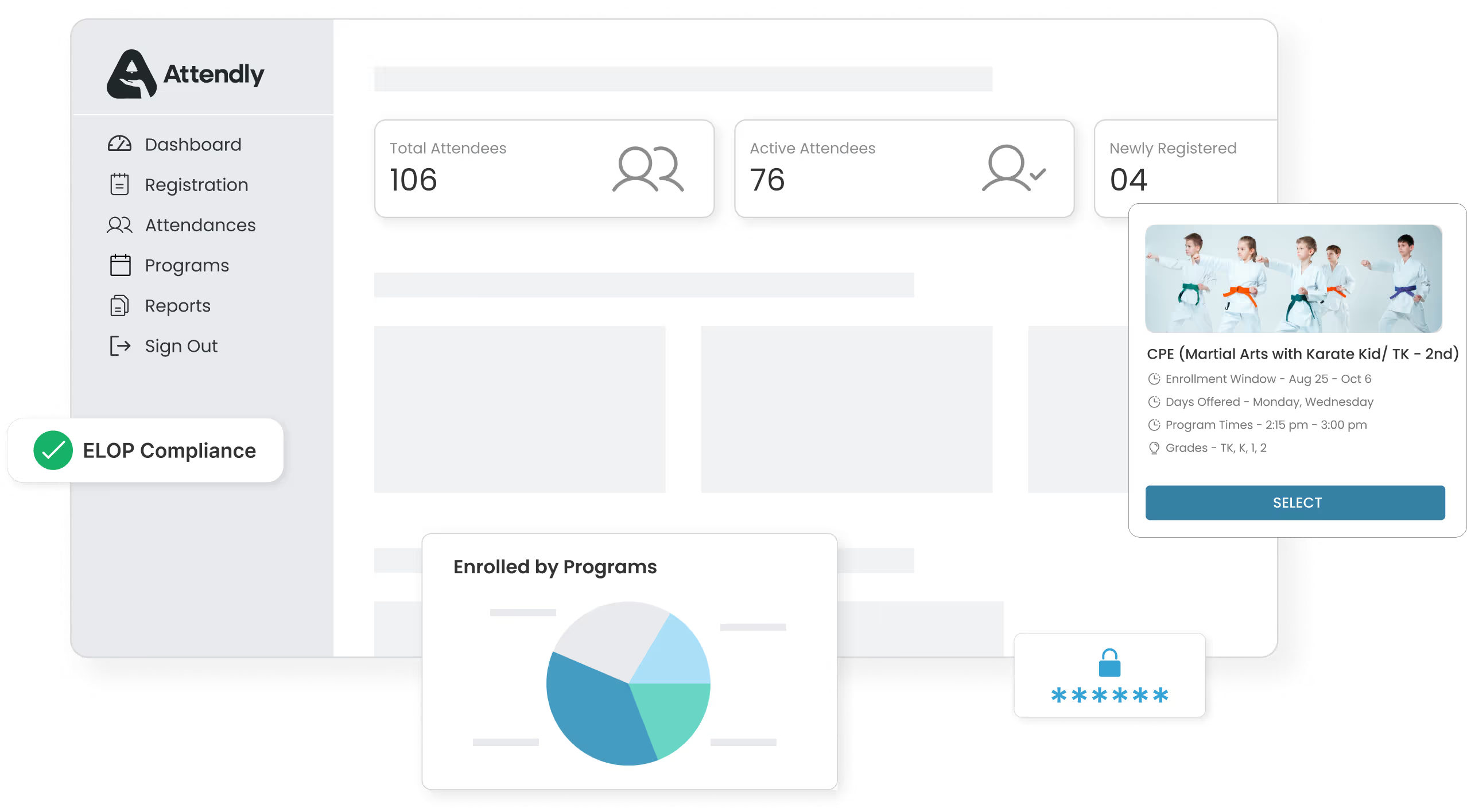 Attendly dashboard showing attendance tracking and program management interface