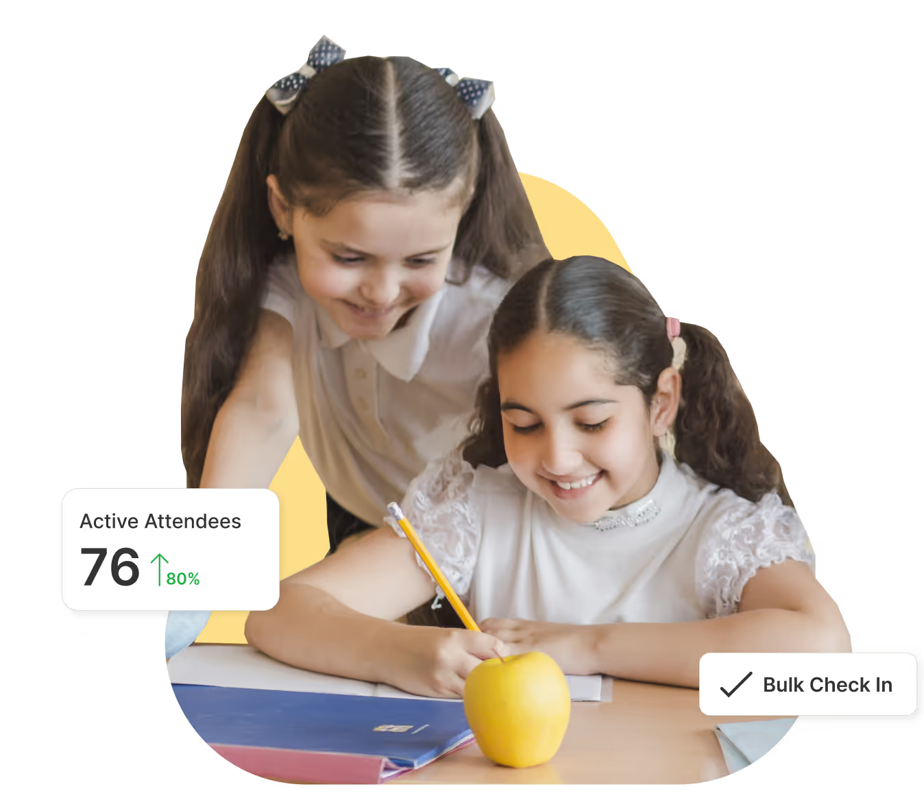 Students engaged in after school program activities with Attendly dashboard overlays