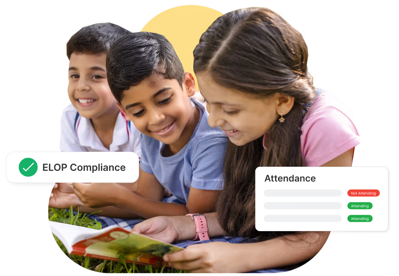 Student with ELOP Compliance badge and Attendance tracking overlay