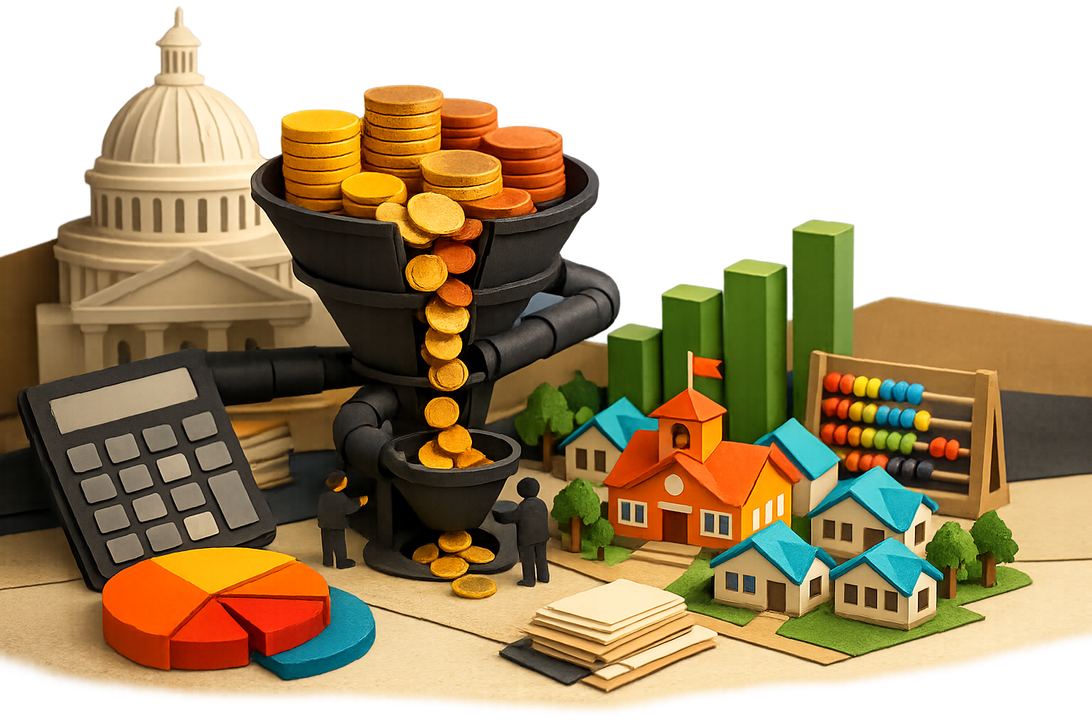 Paper-craft diorama of layered cardstock buildings representing California school districts with stacked coins and budget ledger elements in vivid matte colors