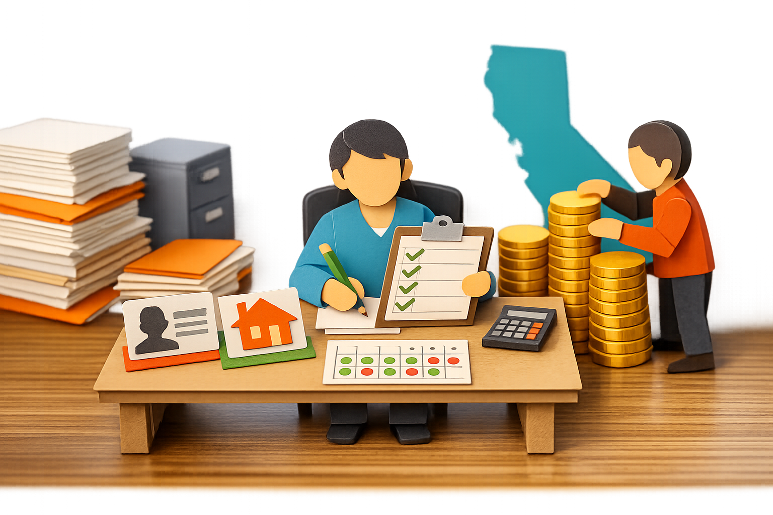 Stylized paper art showing a California school clerk reviewing residency proof documents including a house icon card, ID card, and California map to verify ADA funding eligibility.