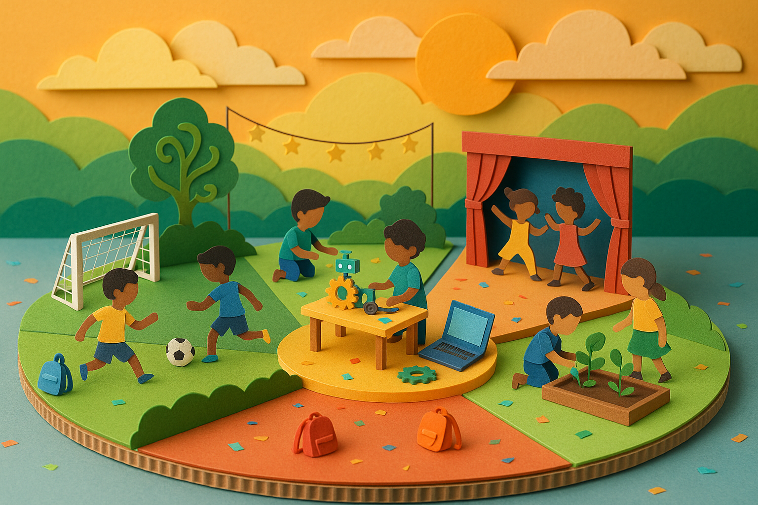 Children participating in various after school activities such as sports, arts, and STEM projects