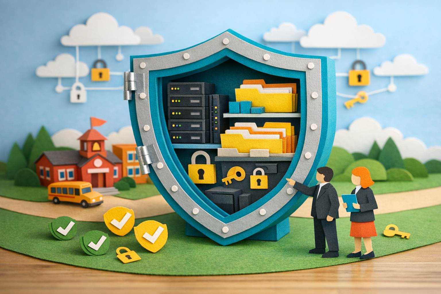 Paper-craft diorama of an open shield vault revealing organized security layers with school buildings and administrator figures reviewing the contents