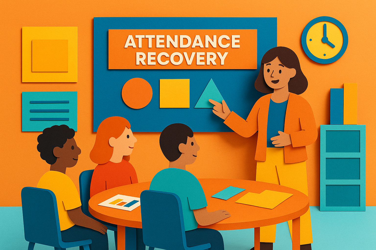 California school administrator reviewing attendance recovery program documents with teachers