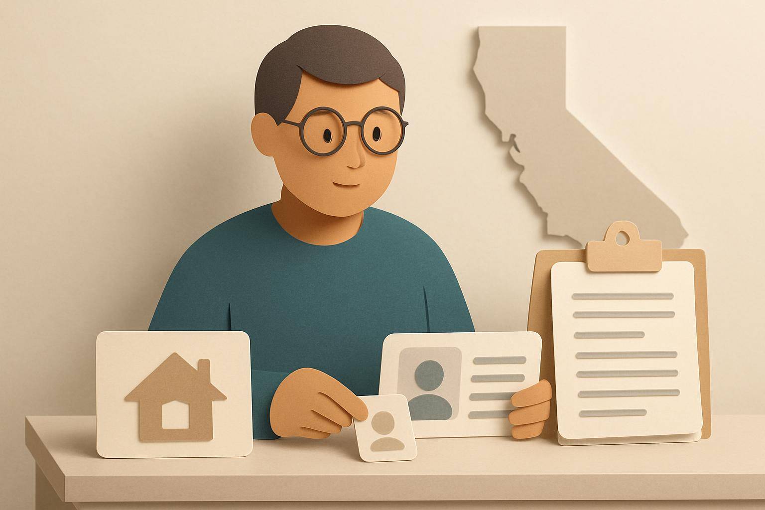 Stylized paper art showing a California school clerk reviewing residency proof documents including a house icon card, ID card, and California map to verify ADA funding eligibility.
