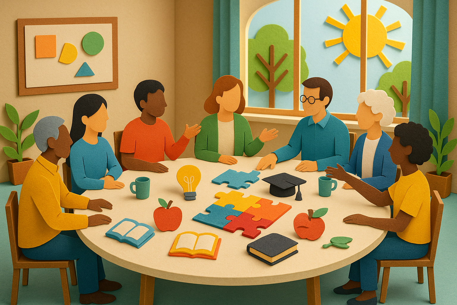 Diverse school advisory committee discussing LCAP strategies around a meeting table