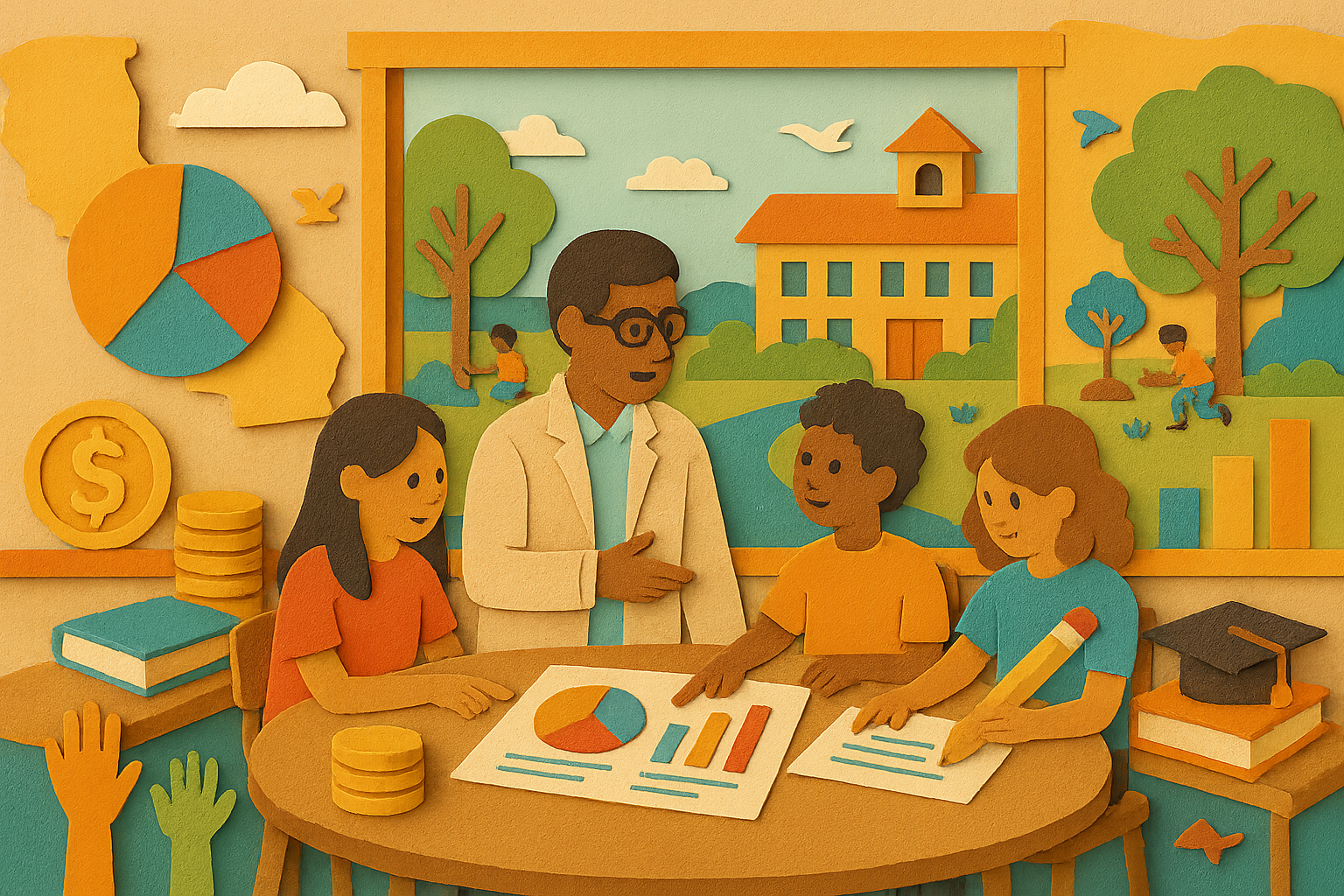 California school administrator reviewing funding plans with diverse students in a classroom