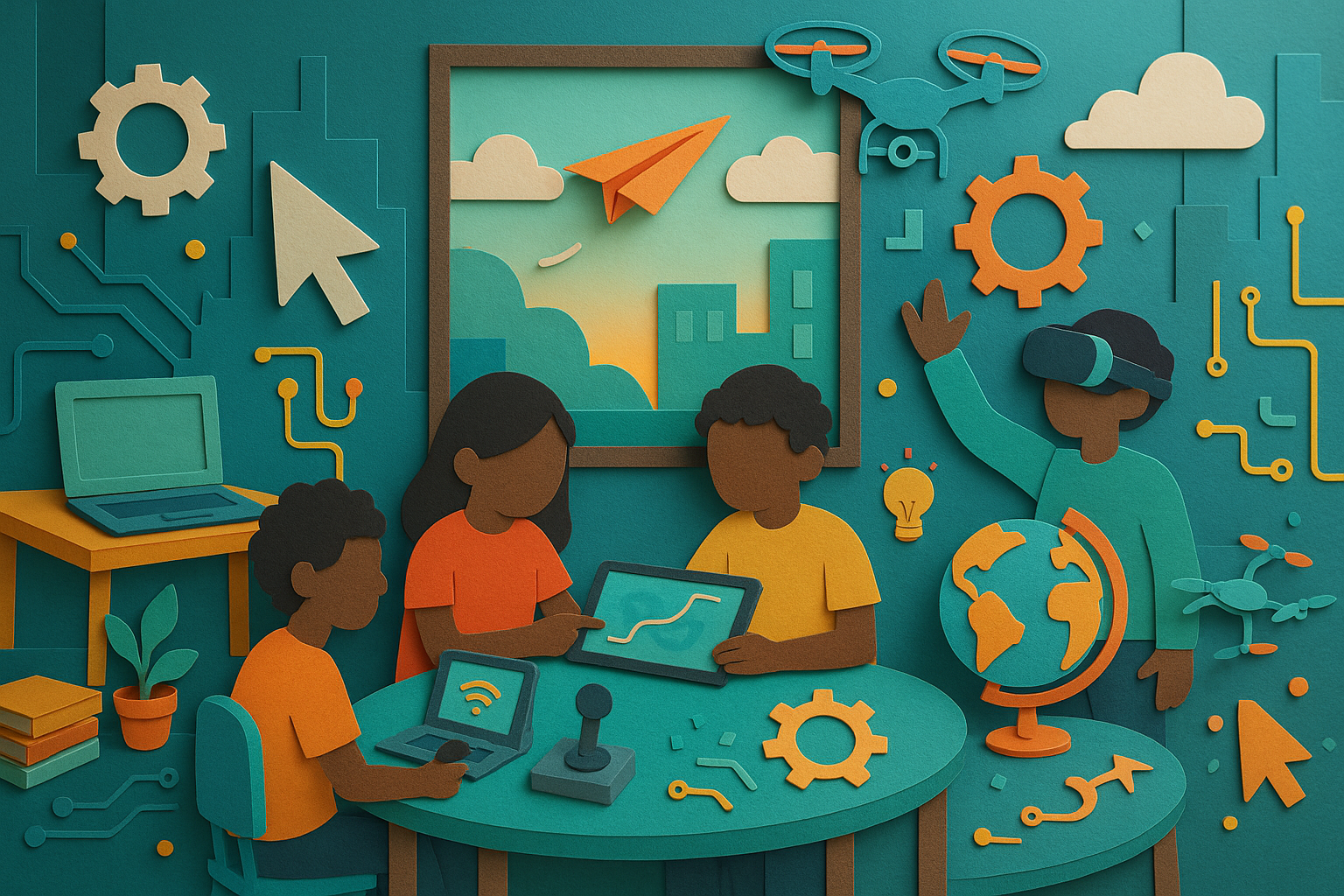 Students collaborating on digital projects in an afterschool classroom setting